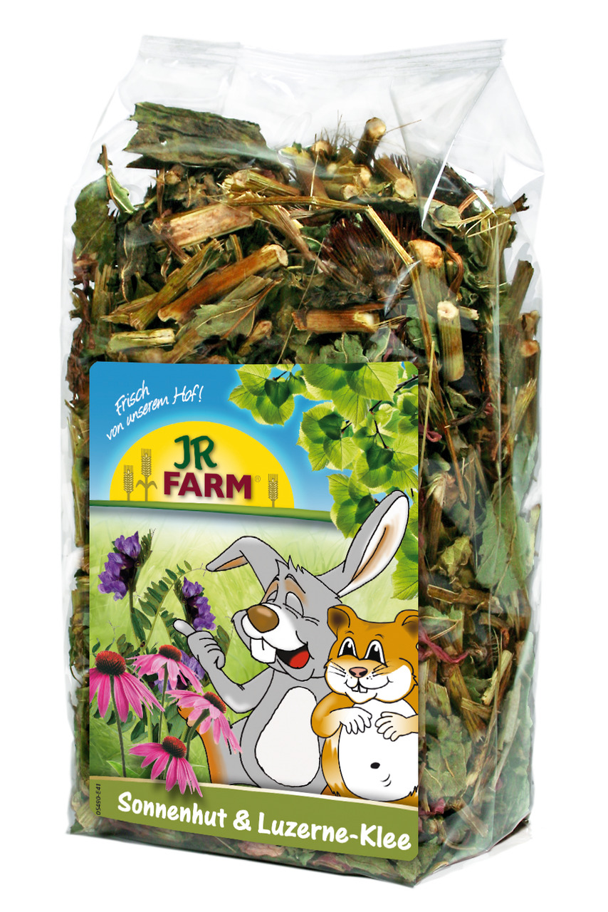 JR FARM Sonnenhut & Luzerne-Klee, Ergänzungsfutter f. Kaninchen-Meerschweinchen, gesund, nat., 500g (Menge geschätzt).