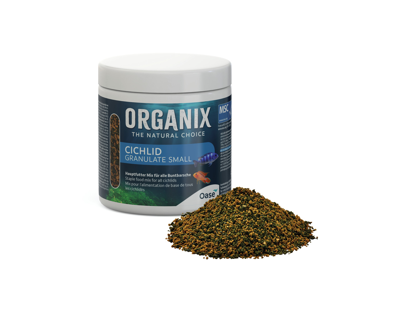 Oase Organix Cichlid Granulate Small, 250 ml, für Buntbarsche, braun-grünes Granulat, hochwertiges Fischfutter.