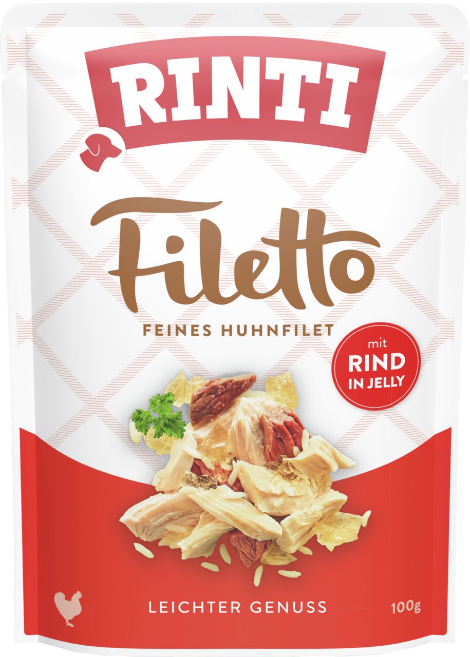 RINTI Filetto Feines Huhn mit Rind in Jelly, hochwertiges Ergänzungsfutter für Hunde, 100 g, leichter Genuss.