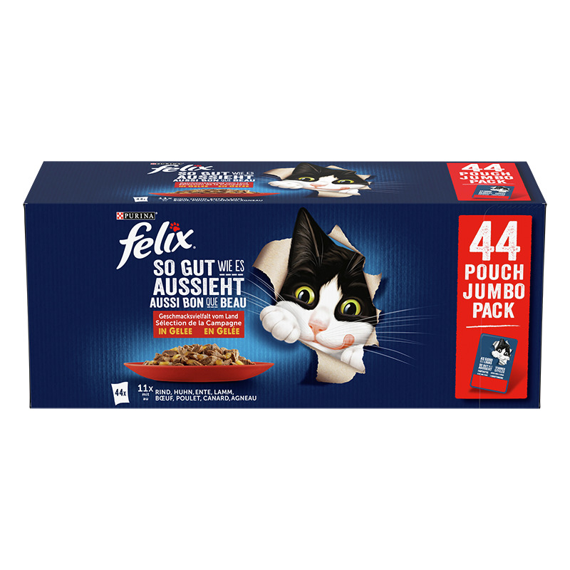 Das Bild zeigt eine Verpackung des Katzenfutters „Felix So gut wie es aussieht“ von Purina. Es handelt sich um einen Jumbo-Pack mit 44 Portionsbeuteln à 100 g. Die Geschmacksrichtung ist „Geschmacksvielfalt vom Land“ in Gelee, mit Rind, Huhn, Ente und Lam