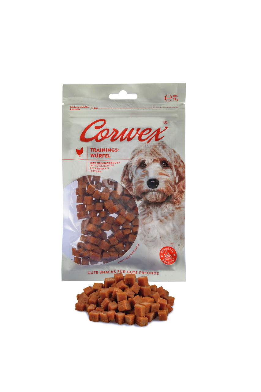 Das Bild zeigt eine Verpackung der Marke Corwex mit dem Produktnamen "Trainings-Würfel". Die Zielgruppe sind Hunde. Die Geschmacksrichtung ist Hühnerbrust, und das Produkt ist fettarm sowie getreidefrei. Die Verpackung enthält 70 g Würfel, die als hochwer