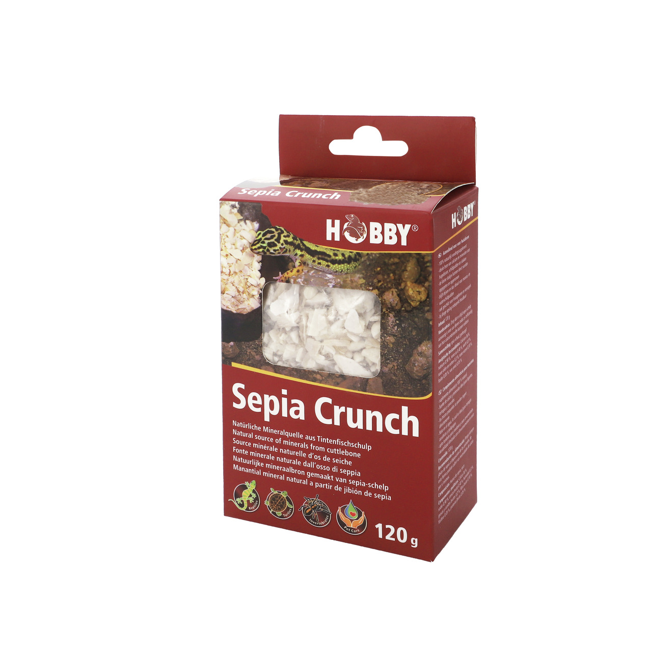 Das Bild zeigt die Verpackung des Produkts „HOBBY Sepia Crunch“, einer natürlichen Mineralquelle aus Tintenfischschulp. Zielgruppe sind Reptilien, Amphibien und Vögel. Die Verpackung ist rot und enthält 120 g des Produkts. Ein Sichtfenster zeigt die weiße