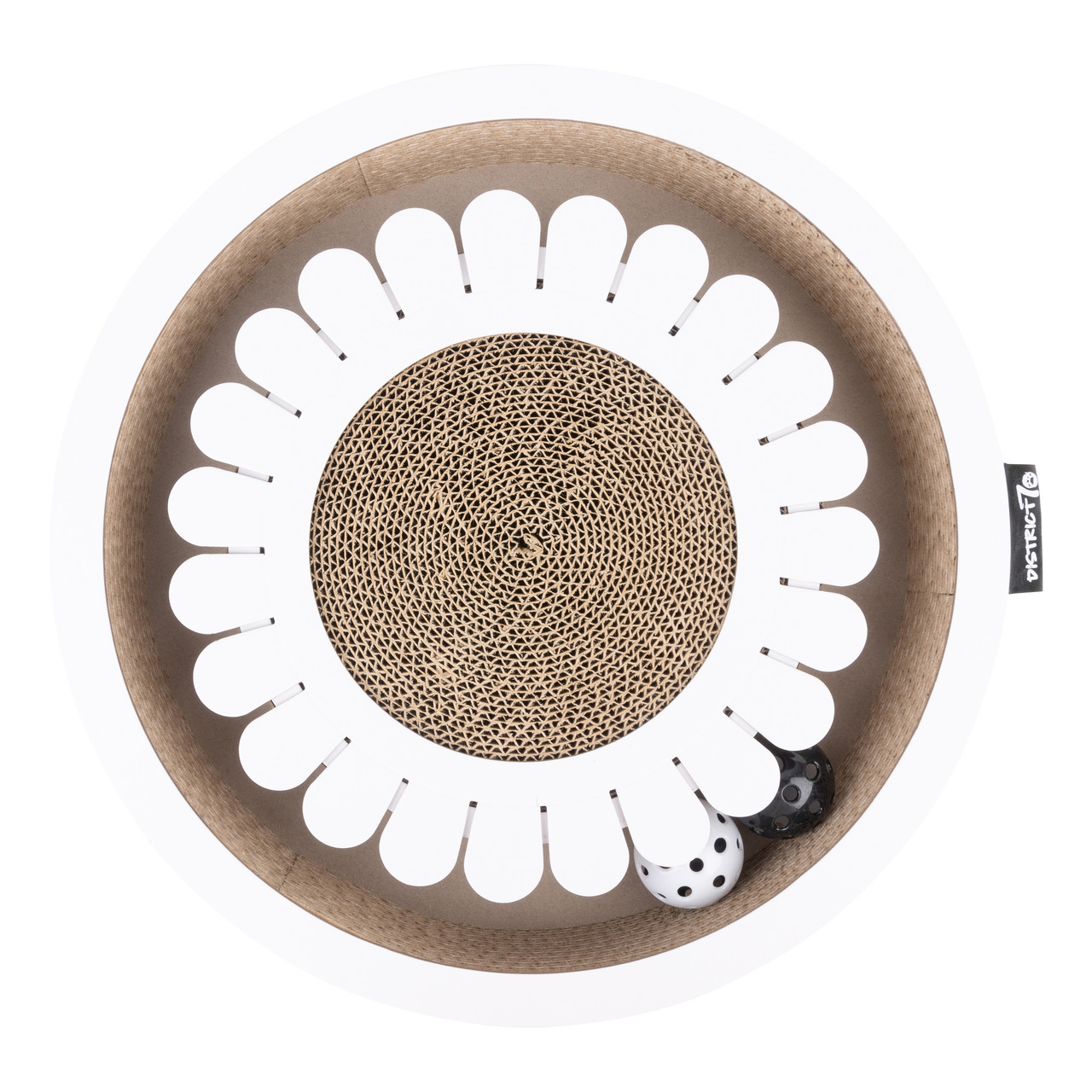 District 70 Katzenkratzkorb "Flower", rund, für Katzen, Wellkarton, blumenförmig, 2 Spielbälle, ideal zur Krallenpflege & Spielen.