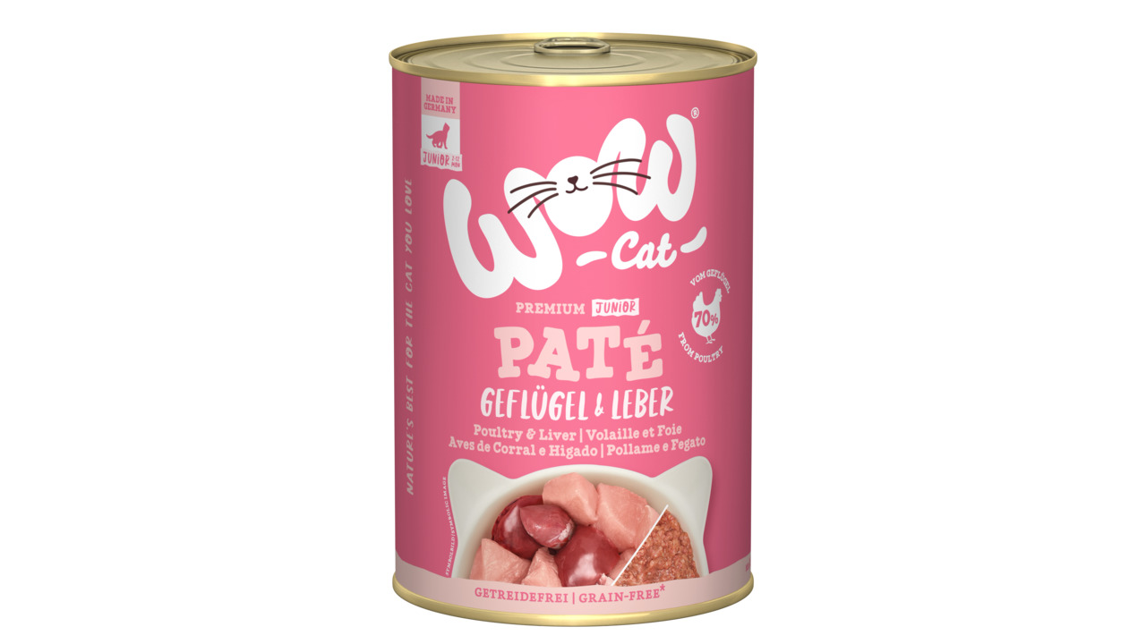 WOW Cat Premium Junior Paté Geflügel & Leber, für junge Katzen, getreidefrei, 70 % Geflügel, 200 g, hergestellt in Deutschland.