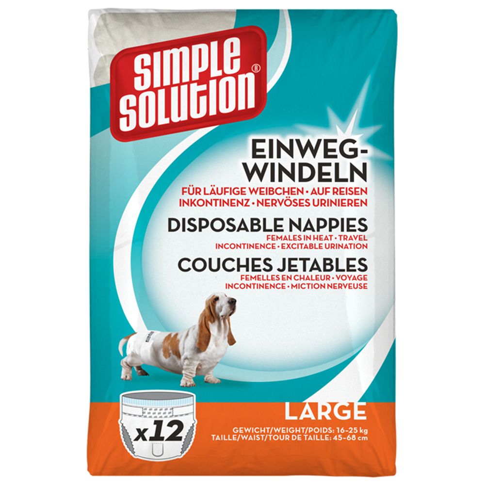 Simple Solution Einweg-Windeln für Hunde (läufig-inkontinent), Gr. Large, 12 Stk., 16–25 kg, Taillenumfang 45–68 cm.