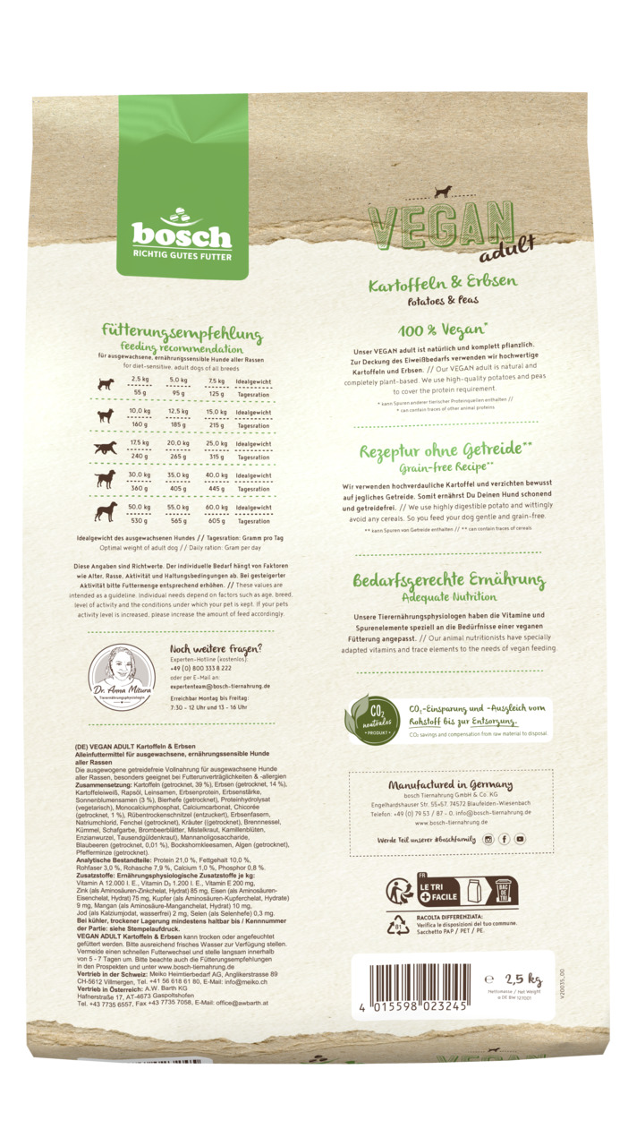 bosch VEGAN Adult Kartoffeln & Erbsen, für ausgew. Hunde, getreidefrei, 100 % vegan, 2,5 kg, „Richtig gutes Futter“.