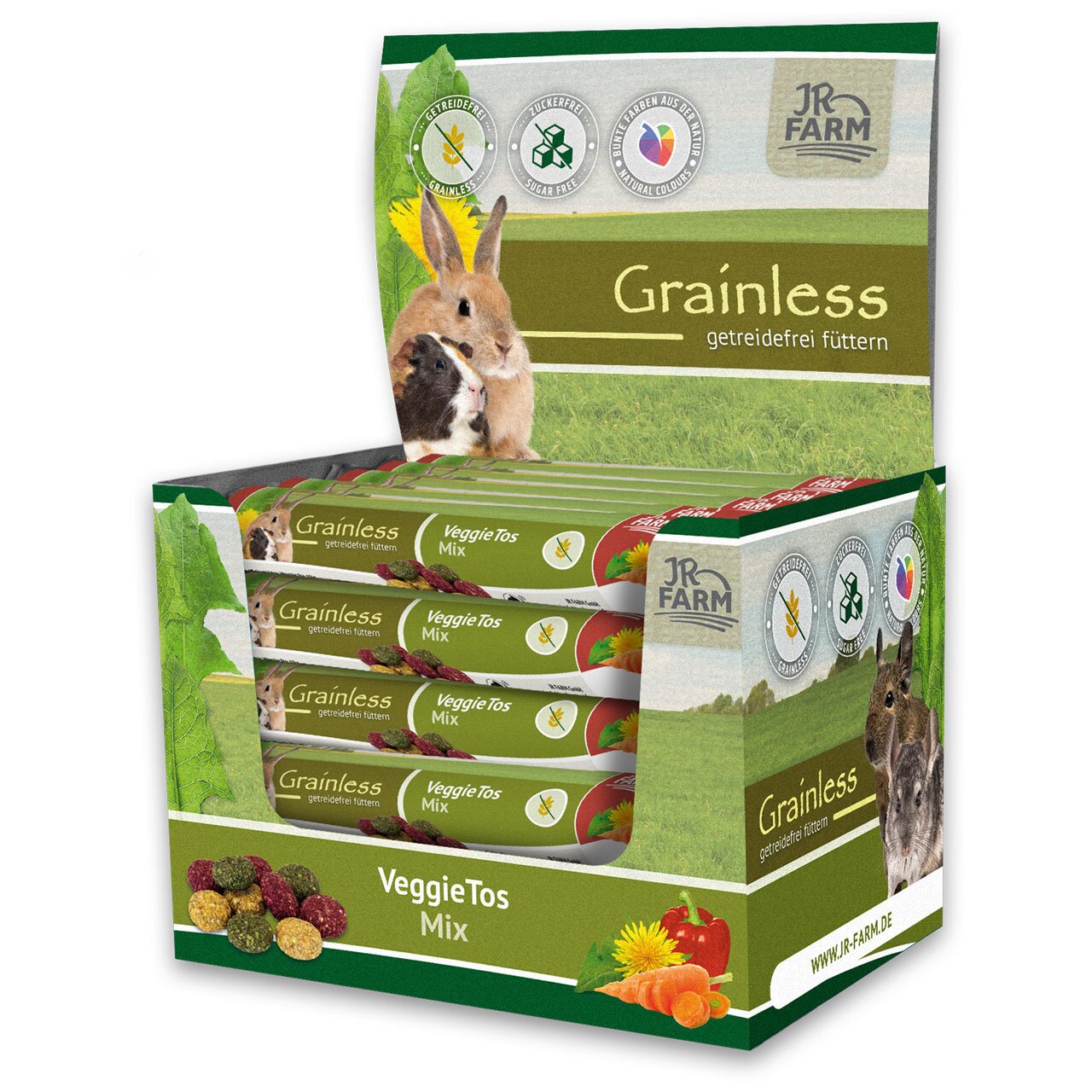 JR FARM Grainless VeggieTos Mix, Snack für Kaninchen und Meerschweinchen, gemüsehaltig, getreidefrei, 140 g Verpackung.