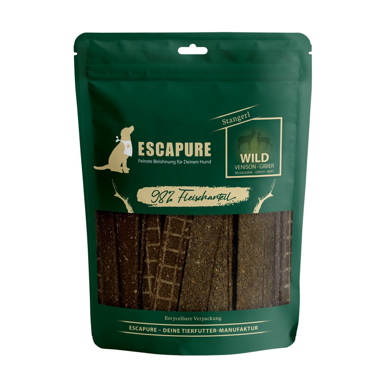 ESCAPURE Wild-Stangerl für Hunde, Geschmacksrichtung Wild, 98% Fleischanteil, 150 g, hochwertige Belohnung, recycelbare Verpackung.