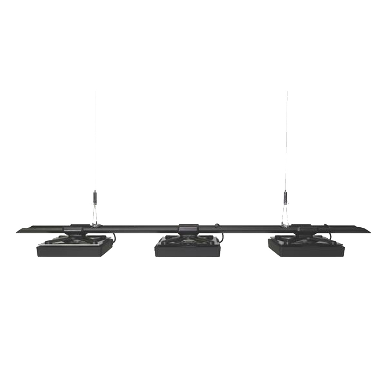 Das Bild zeigt die Ecotech Radion LED-Beleuchtungseinheit, bestehend aus drei schwarzen LED-Modulen, die an einer schlanken, horizontalen Halterung befestigt sind. Die Einheit wird von zwei dünnen Kabeln von der Decke abgehängt. Diese Beleuchtung ist spez