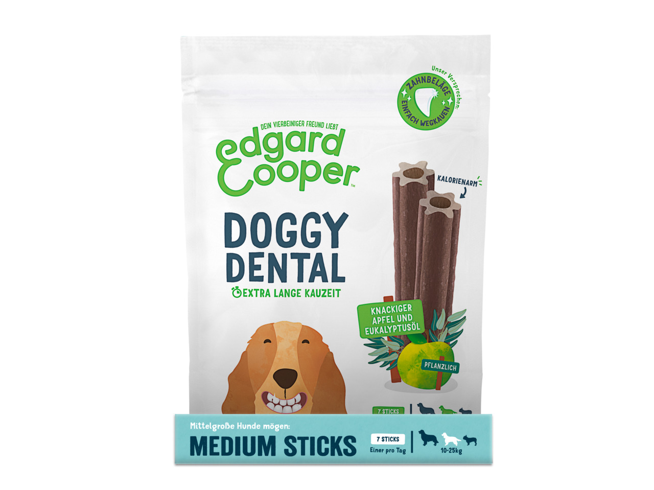 Edgard & Cooper Doggy Dental, mittelgr. Hunde (10–25 kg), Apfel & Eukalyptusöl, 7 Sticks, kalorienarm, Zahnpflege, extra lange Kauzeit.
