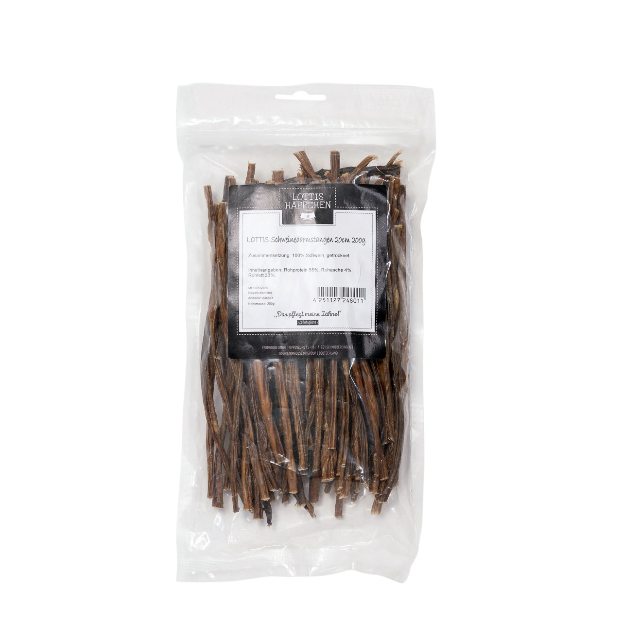 LOTTIS HÄPPCHEN Schweinedärme 20 cm, 200 g, Kausnack f. Hunde, 100 % Schwein, „Das pflegt meine Zähne!“