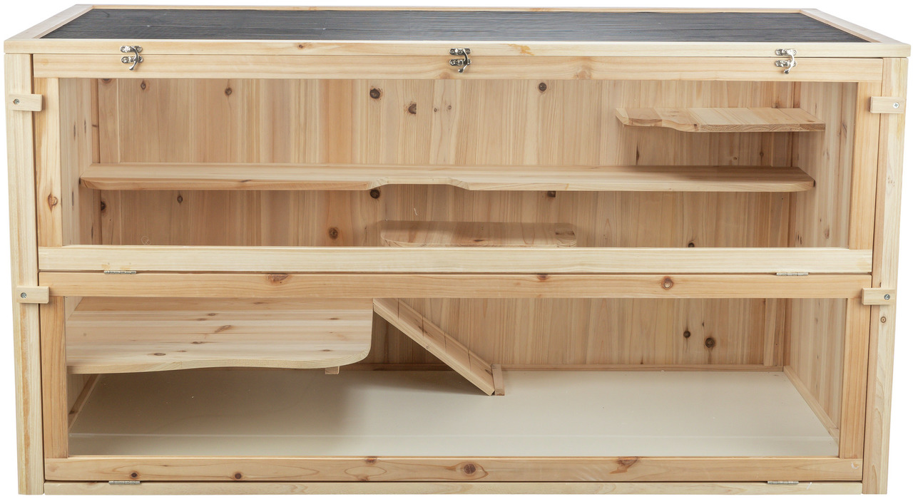 Holzterrarium TRIXIE, für Reptilien/Kleintiere, naturbelassen, mit Ebenen & transparenter Front, Maße auf Bild sichtbar.