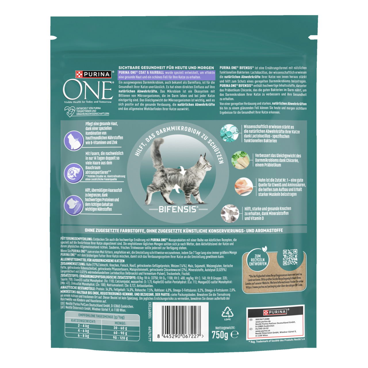 Purina ONE Bifensis Katzenfutter, Huhn & Vollkorn, 750 g, für ausgewachsene Katzen, unterstützt Darmmikrobiom, Haut & Fell.