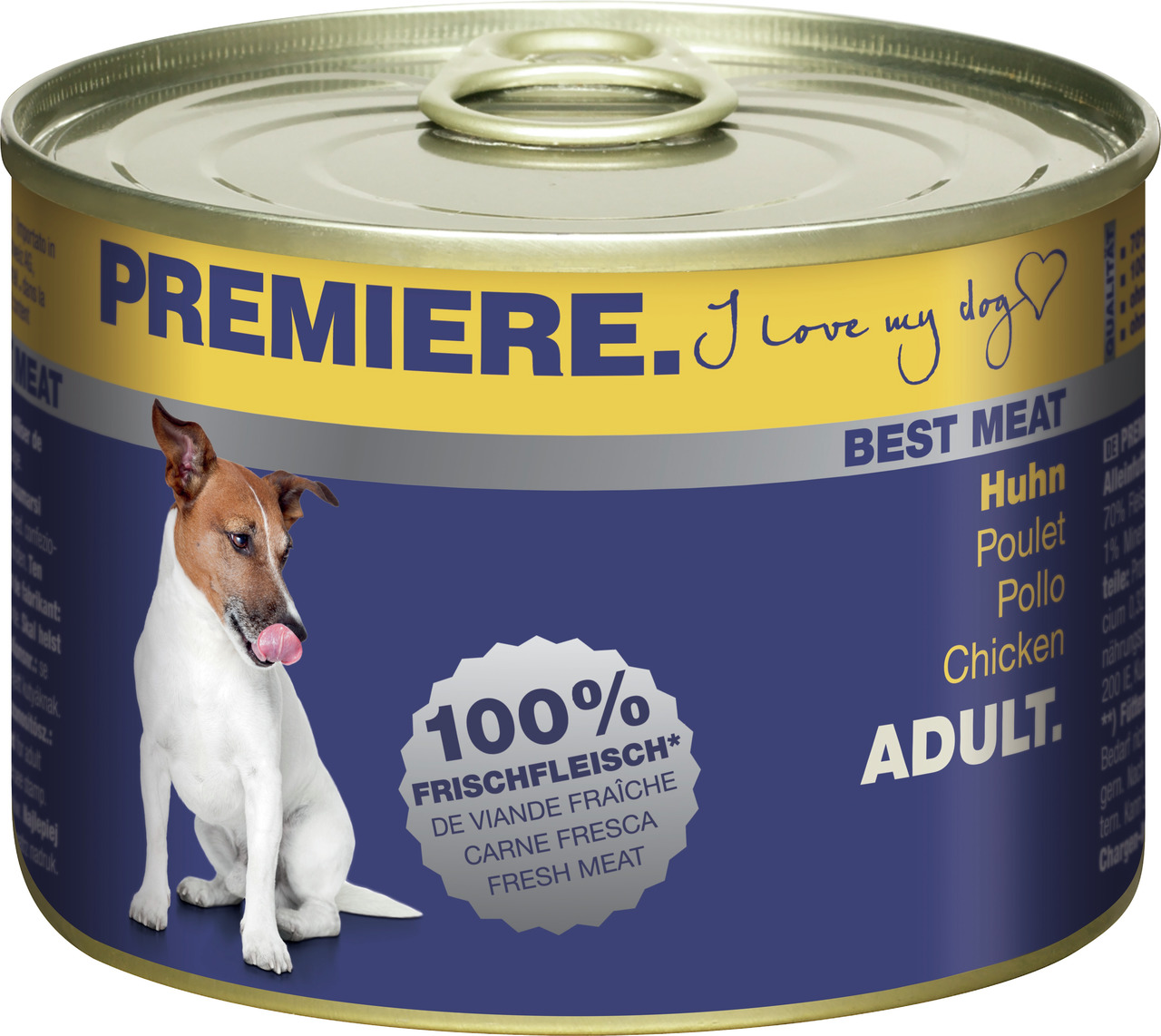 Das Bild zeigt eine Dose Hundefutter der Marke PREMIERE mit der Aufschrift „I love my dog“. Es handelt sich um das Produkt „Best Meat Adult“ in der Geschmacksrichtung Huhn. Die Zielgruppe sind ausgewachsene Hunde. Auf der Dose steht „100 % Frischfleisch“.