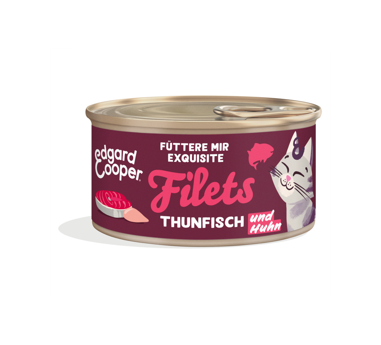 Eine runde Dose Katzenfutter der Marke Edgard & Cooper mit der Aufschrift „Füttere mir exquisite Filets“. Die Geschmacksrichtung ist Thunfisch und Huhn. Auf der Verpackung ist ein lächelnder Katzenkopf abgebildet. Die Dose enthält 85 g und richtet sich an
