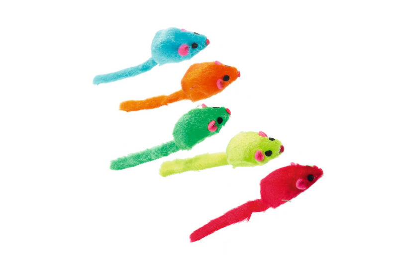 Fünf bunte Spielzeugmäuse der Marke Karlie, speziell für Katzen entwickelt. Die Mäuse sind in den Farben Blau, Orange, Grün, Gelb und Rot gestaltet, mit weichem Plüschmaterial und kleinen Details wie rosa Ohren und schwarzen Augen. Ideal für spielerische 