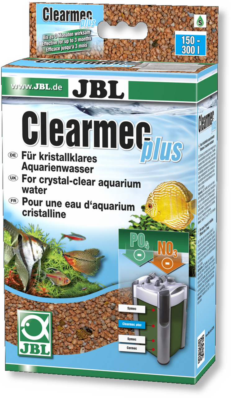 Das Bild zeigt das Produkt "JBL Clearmec plus", ein Filtermedium für Aquarien, das für kristallklares Wasser sorgt. Es ist geeignet für Aquarien mit einem Volumen von 150 bis 300 Litern. Die Verpackung hebt hervor, dass das Produkt Phosphat (PO4) und Nitr