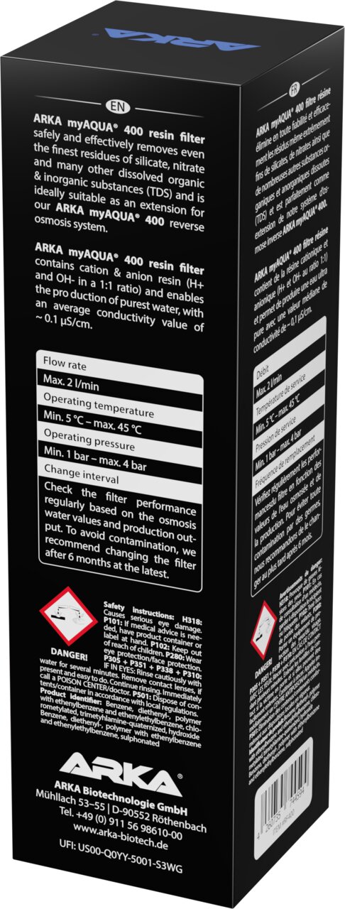 ARKA myAQUA 400 Resin Filter für Aquaristik, Umkehrosmose, für Aquarienwasser, 400 ml Harzfilter, senkt TDS effektiv.