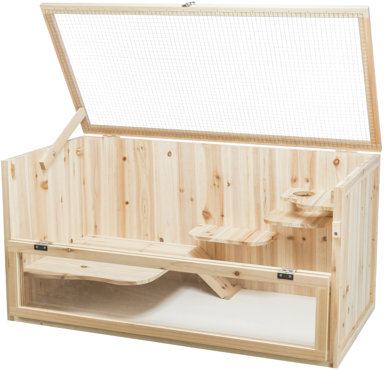 TRIXIE Holz-Kleintierkäfig „Natura“, für Kaninchen/Meerschweinchen, unbehandeltes Holz, Acrylglas, Gitterdach, Ebenen, Rampen.