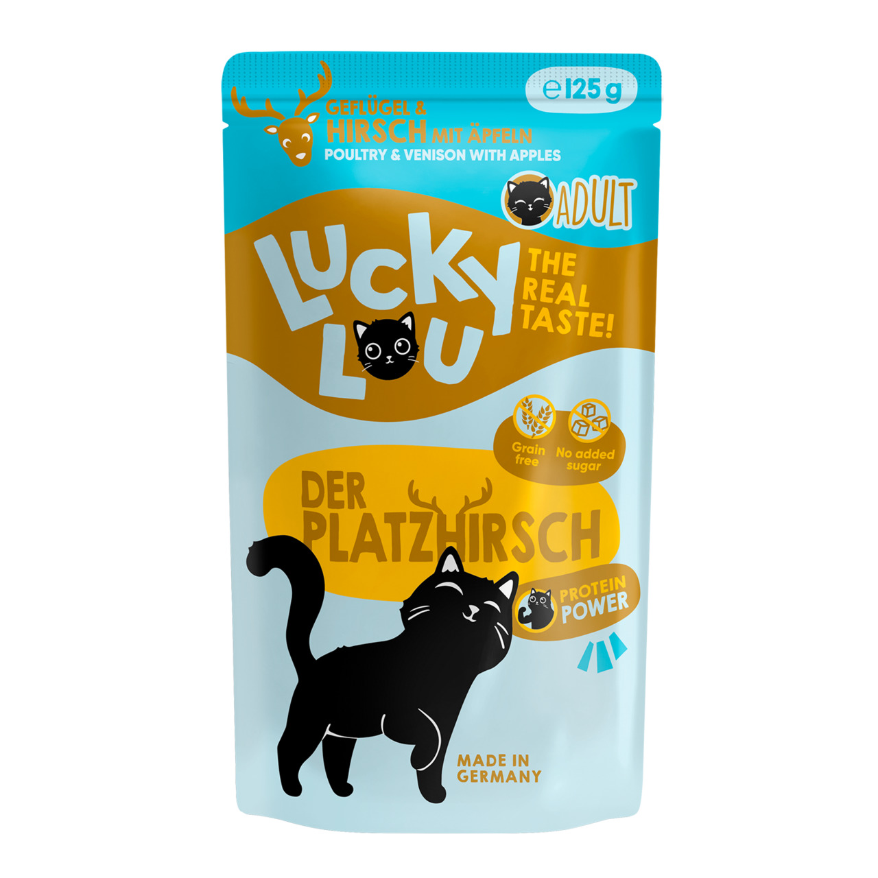 Das Bild zeigt eine Verpackung des Katzenfutters "Lucky Lou – Der Platzhirsch" in einer 125 g Packung. Es handelt sich um ein Premiumfutter für ausgewachsene Katzen (Adult) mit der Geschmacksrichtung Geflügel, Hirsch und Äpfeln. Die Verpackung ist türkis 