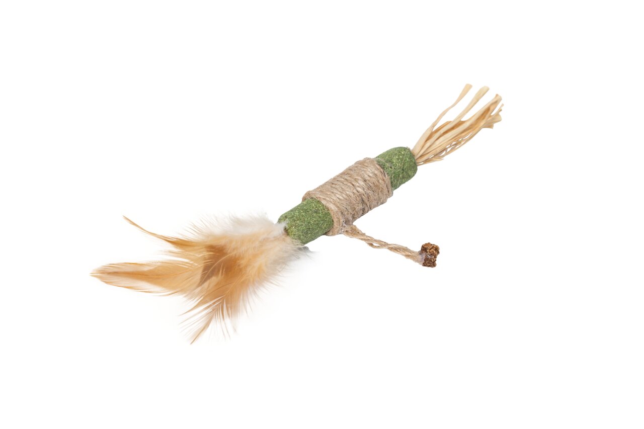 Quapas Katzenspielzeug: Spielstab mit Sisal, Federn (Beige-Braun) & grüner Katzenminze. Fördert Aktivität & Spieltrieb.