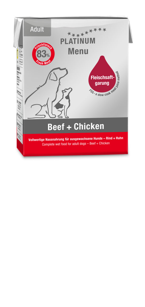 PLATINUM Menu Beef+Chicken, Nassfutter f. ausgew. Hunde, Rind+Huhn, 83 % Frischfleisch, Fleischsaftgarung, 375 g.