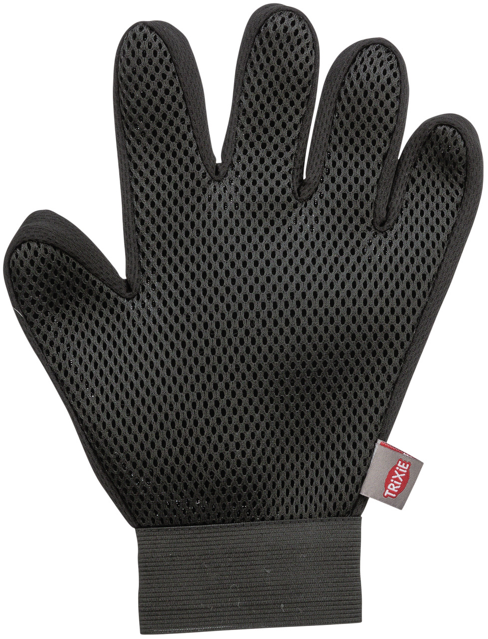 Schwarzer Pflegehandschuh der Marke TRIXIE, speziell entwickelt für die Fellpflege von Haustieren wie Hunden und Katzen. Der Handschuh besteht aus atmungsaktivem Netzmaterial und hat eine elastische Manschette für einen sicheren Sitz. Ideal zur Entfernung