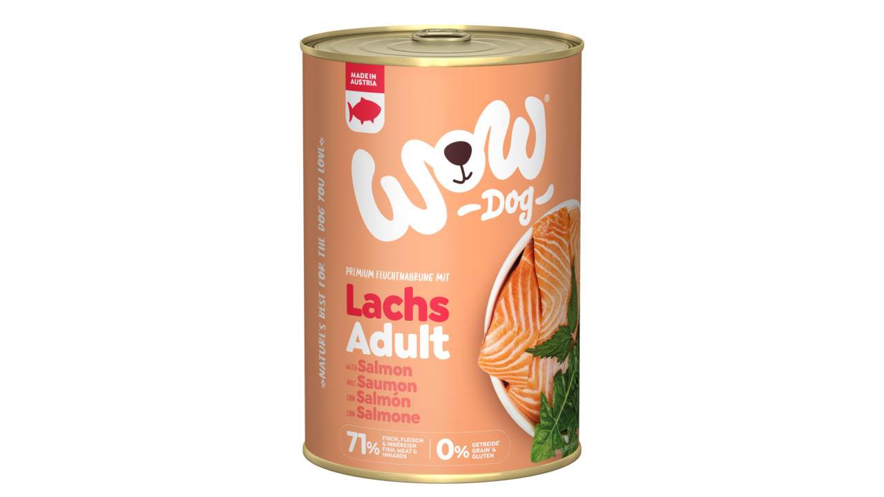 WOW DOG Lachs Adult, für ausgewachsene Hunde, 71 % Fisch/Fleisch, getreide-/glutenfrei, 400 g, „Made in Austria“.