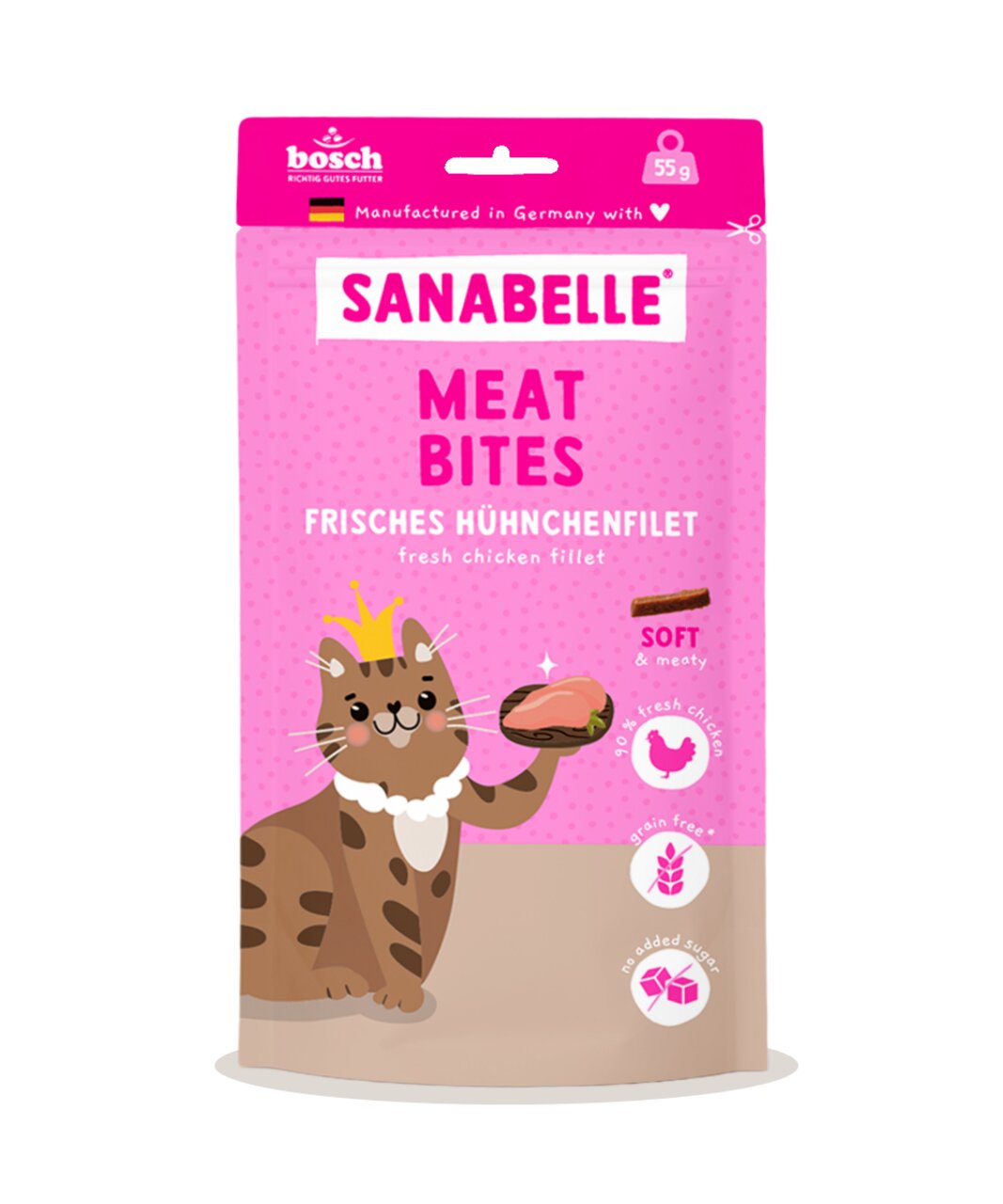 Sanabelle Meat Bites, Katzensnack, Huhn, 90 % Frischfleisch, getreidefrei, ohne Zuckerzusatz, 55 g, weiche Konsistenz.