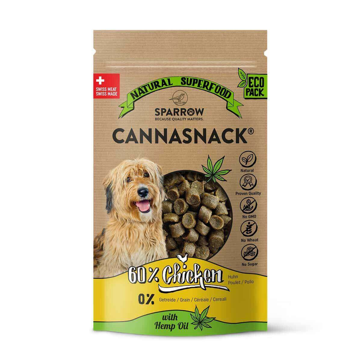 SPARROW Cannasnack Natural Superfood für Hunde, 60 % Huhn, getreidefrei, mit Hanföl, Eco-Pack, ohne Zucker, Weizen, Gentechnik.