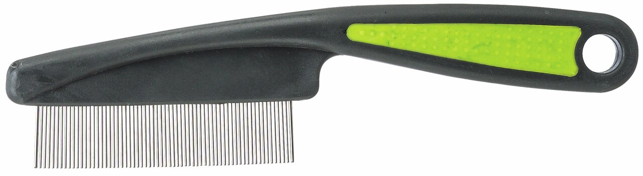 TRIXIE Flohkamm für Haustiere mit grünem Griff und feinen Metallzähnen, ideal zur Pflege und Kontrolle des Tierfells.