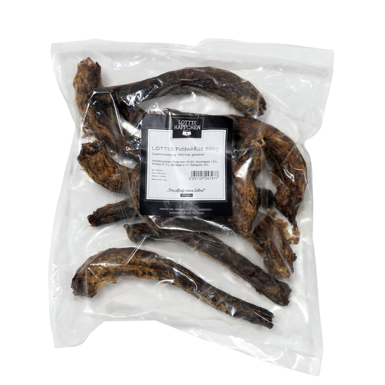 Das Bild zeigt eine transparente Verpackung mit getrockneten Putenhälsen der Marke "Lottis Häppchen". Das Produkt ist speziell für Hunde geeignet und besteht aus 100 % natürlichen Zutaten. Die Verpackung enthält 500 g und trägt die Aufschrift „Lottis Pute