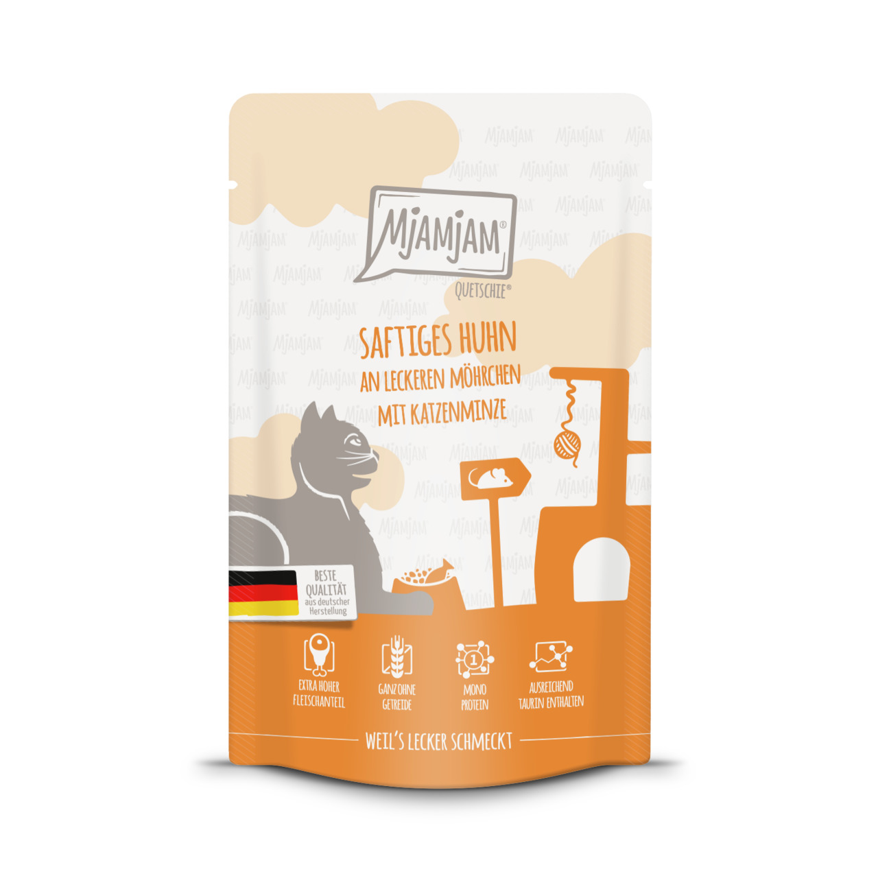 Mjamjam Saftiges Huhn an Möhrchen mit Katzenminze, für Katzen, getreidefrei, Monoprotein, Taurin, 85 g.