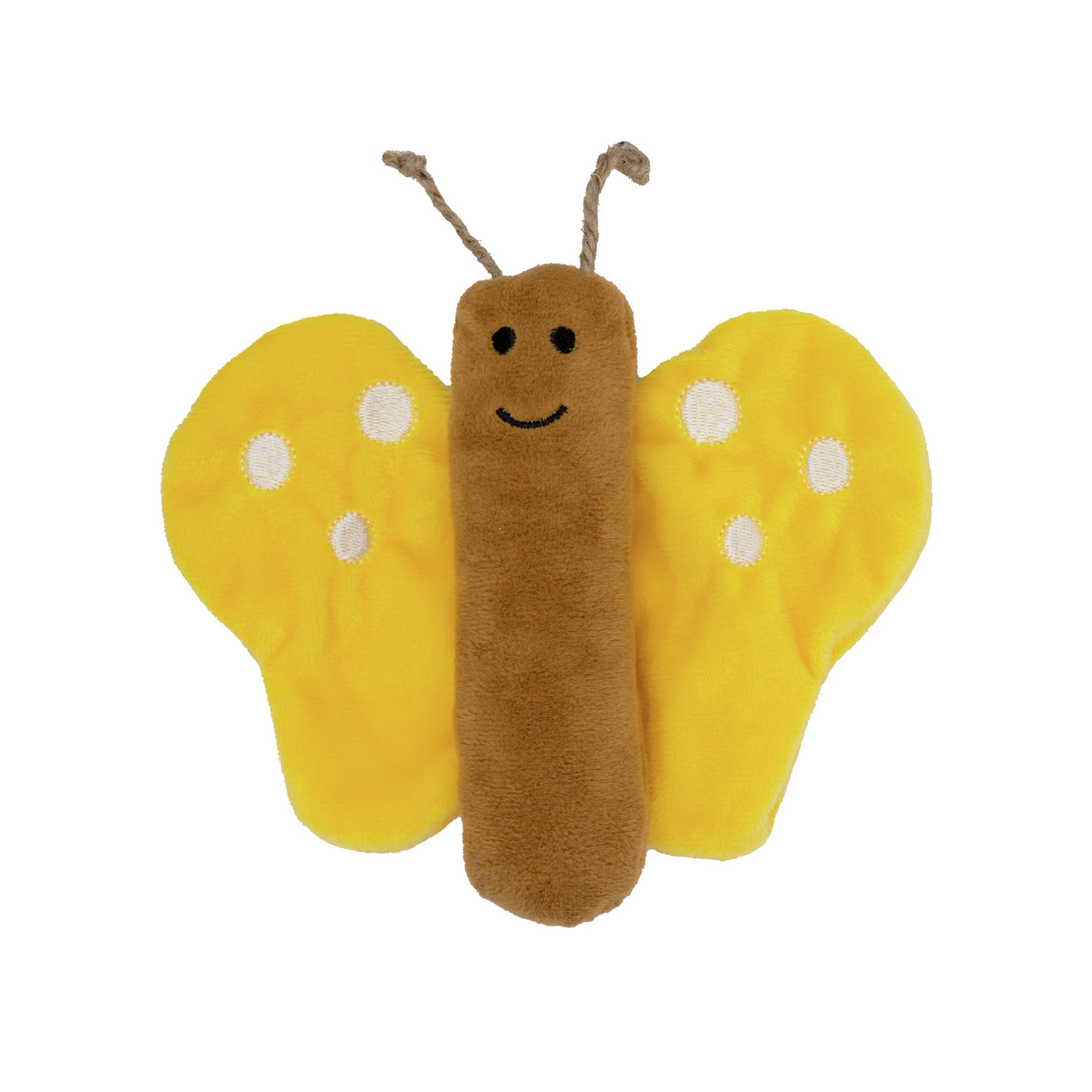 Ein gelbes Plüschspielzeug in Form eines Schmetterlings mit braunem Körper und gesticktem Gesicht. Die Flügel sind mit weißen Punkten verziert. Das Produkt ist von der Marke Allpets und eignet sich für Hunde. Es dient als Kauspielzeug und fördert spieleri