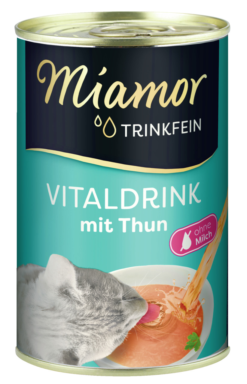 Miamor Trinkfein Vitaldrink Thun, Ergänzungsfuttermittel f. Katzen, Geschm.: Thunfisch, ohne Milch, Katze trinkt aus Schale.
