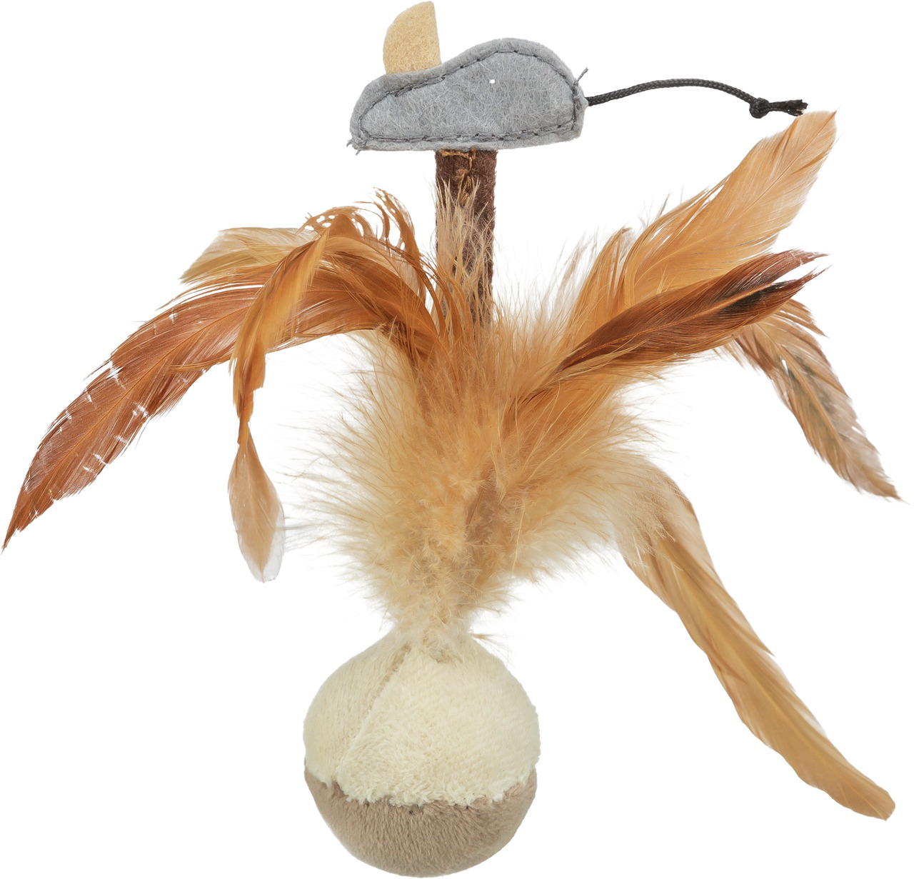 TRIXIE Spielball m. Federn & Hut, Katzenspielzeug, weicher Ball m. braunen Federn & grauem Filzhut, fördert Jagdinstinkt, Spielspaß.