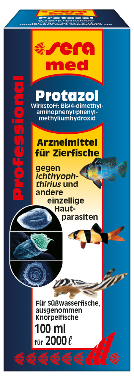 Sera med Professional Protazol, Arznei f. Zierfische (Süßwasser, keine Knorpelfische), gg. Hautparasiten, 100 ml f. 2000 l Wasser.