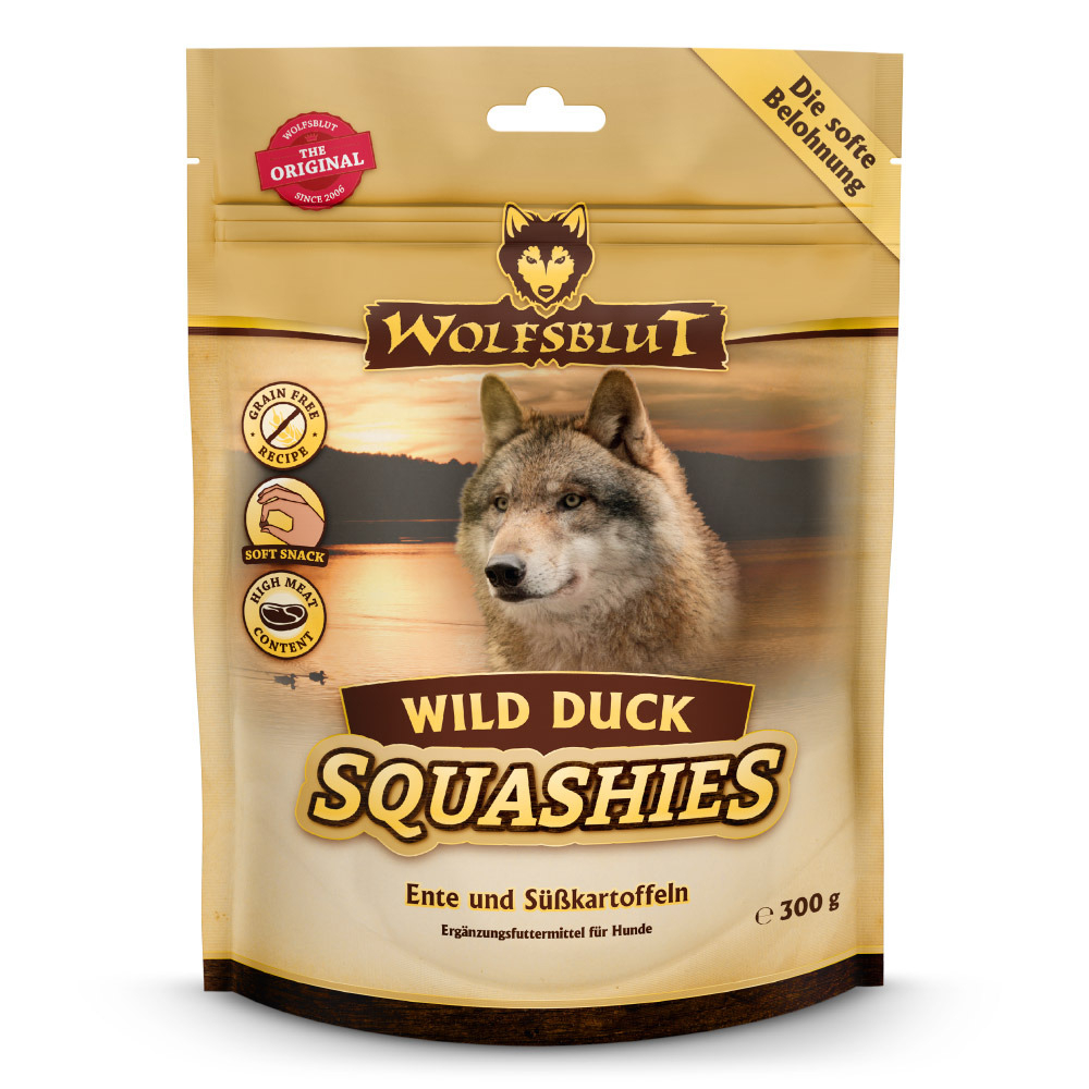 WOLFSBLUT Wild Duck Squashies, Ergänzungsfutter f. Hunde, Ente & Süßkartoffeln, 300 g, getreidefrei, weicher Snack, hoher Fleischanteil.