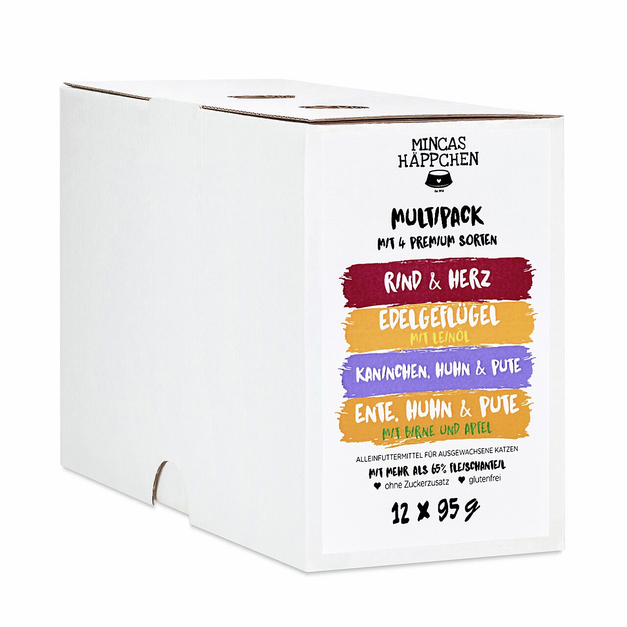 Das Bild zeigt eine weiße Verpackung des Katzenfutters „Mincas Häppchen Multipack“ mit vier Premium-Sorten. Die Zielgruppe sind ausgewachsene Katzen. Enthalten sind die Geschmacksrichtungen Rind & Herz, Edelgeflügel mit Leinöl, Kaninchen, Huhn & Pute sowi