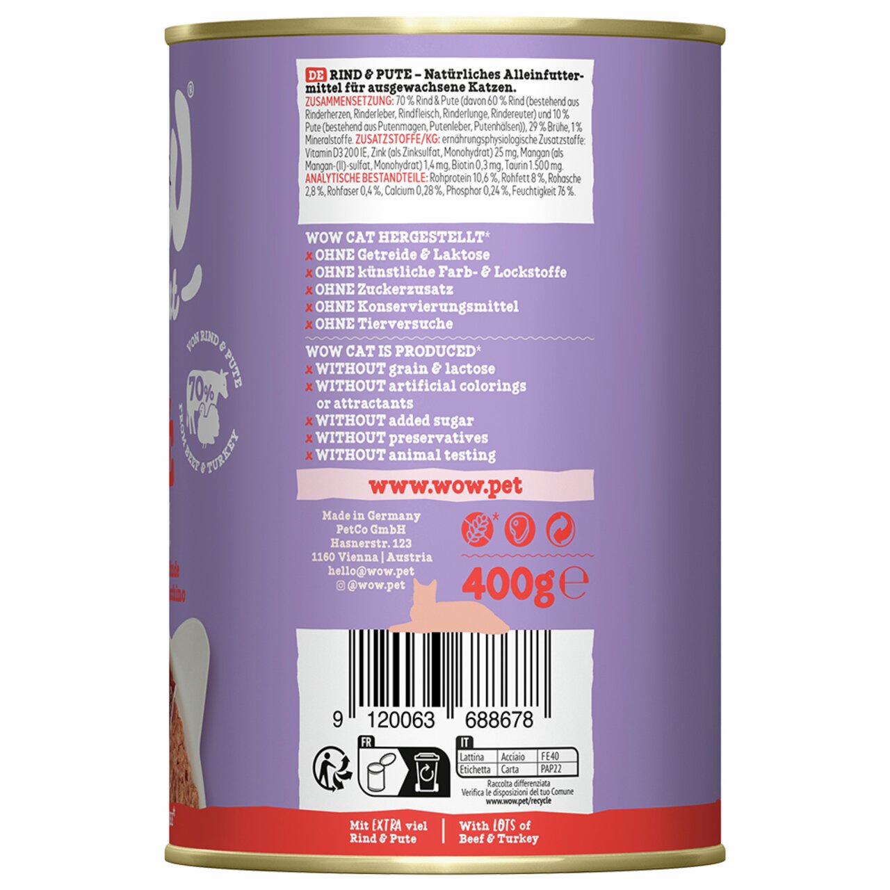 Dose WOW CAT Rind & Pute, Nassfutter für Katzen, 400 g, getreidefrei, ohne Zuckerzusatz, ohne künstliche Farb- und Lockstoffe.