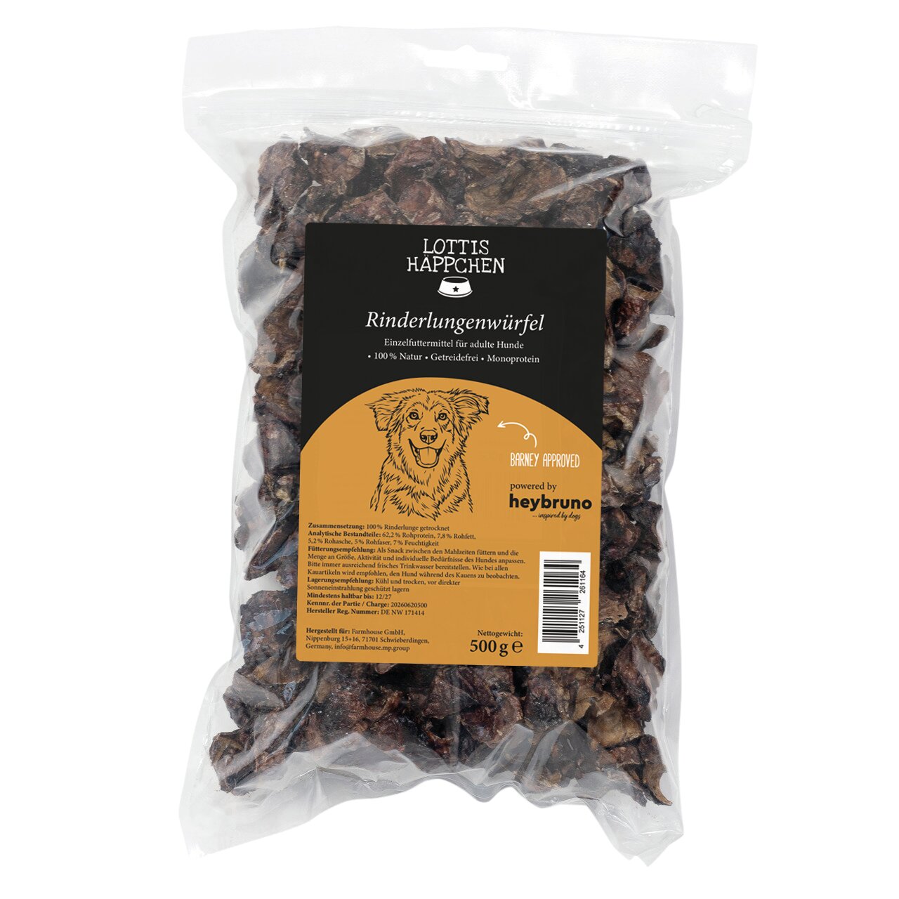 LOTTIS HÄPPCHEN Rinderlungenwürfel für adulte Hunde, Geschmack Rind, 100% Natur, getreidefrei, Monoprotein, 500 g.