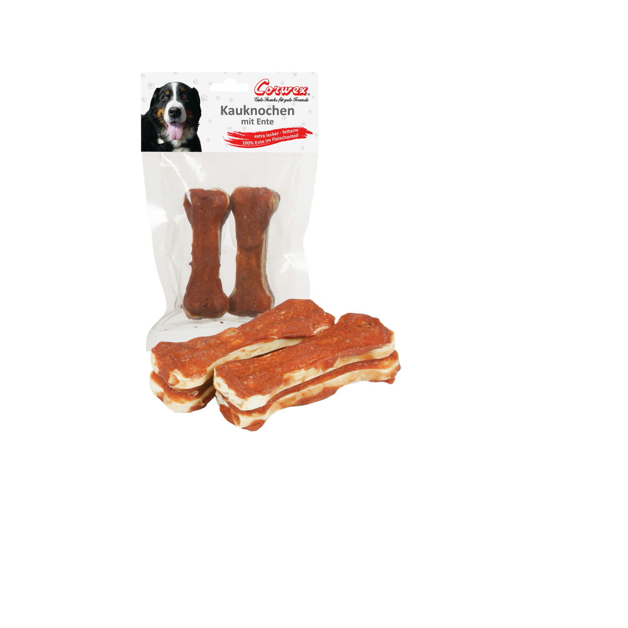 Corwex Kauknochen mit Ente, Hundesnack, Geschm.: Ente, 100 % echtes Entenfleisch, mehrere Kauknochen.