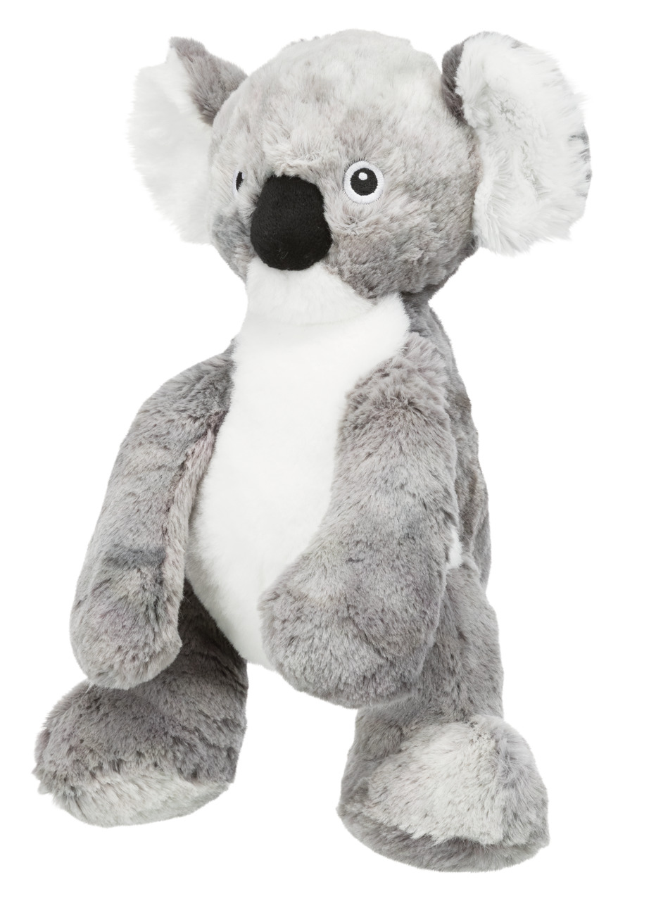 Das Bild zeigt ein graues Plüschspielzeug in Form eines Koalas von der Marke TRIXIE. Es ist speziell für Hunde als Spielzeug konzipiert. Der Koala hat weiches, flauschiges Fell in Grau und Weiß, große Ohren und einen schwarzen Nasenbereich. Das Produkt ei