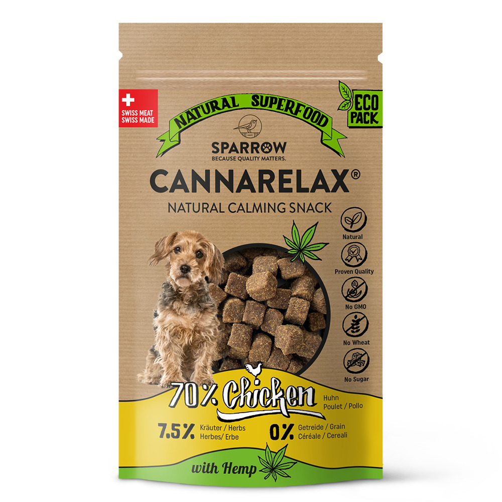 SPARROW CannaRelax Snack für Hunde: Beruhigungs-Leckerli mit 70 % Huhn, Kräutern & Hanf, getreidefrei, ohne Zucker, 0 % Weizen,