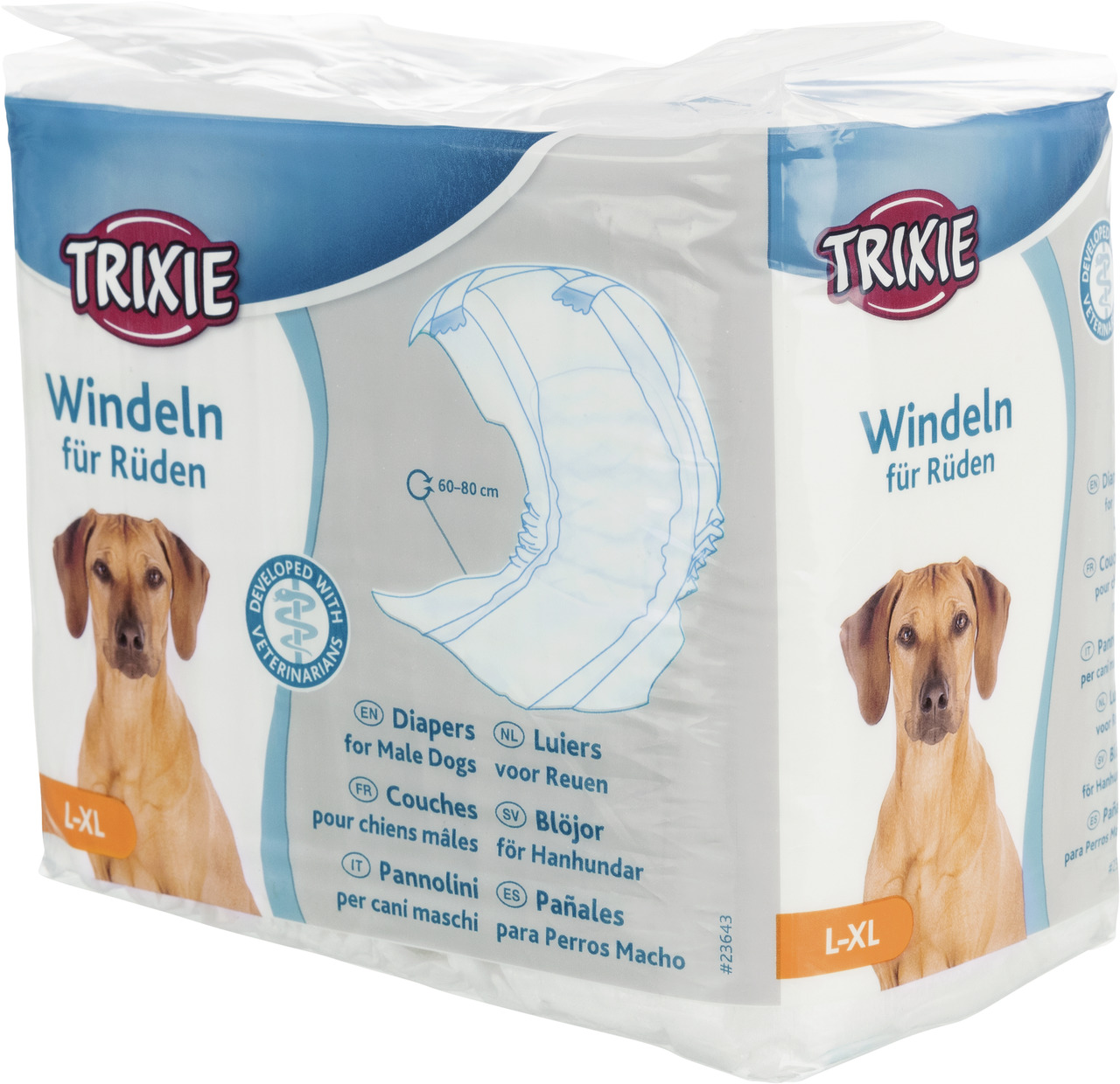 TRIXIE Windeln für Rüden, Gr. L-XL, für Hunde (60-80 cm), weiß-blau, mit Bild, entwickelt mit Tierärzten.