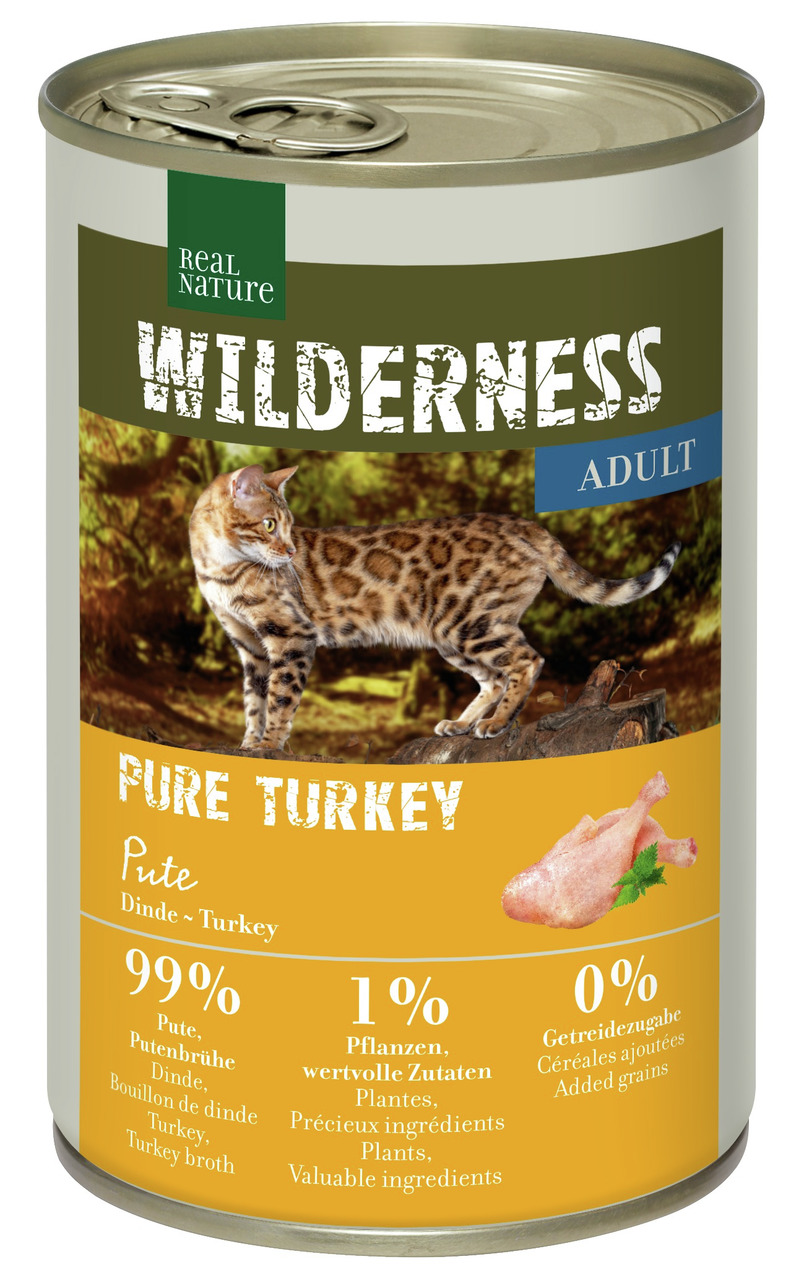 Real Nature Wilderness Katzenfutter Adult, Pure Turkey (Pute), 99 % Pute & Brühe, getreidefrei, 1 % pflanzl. Zutaten, goldene Dose.