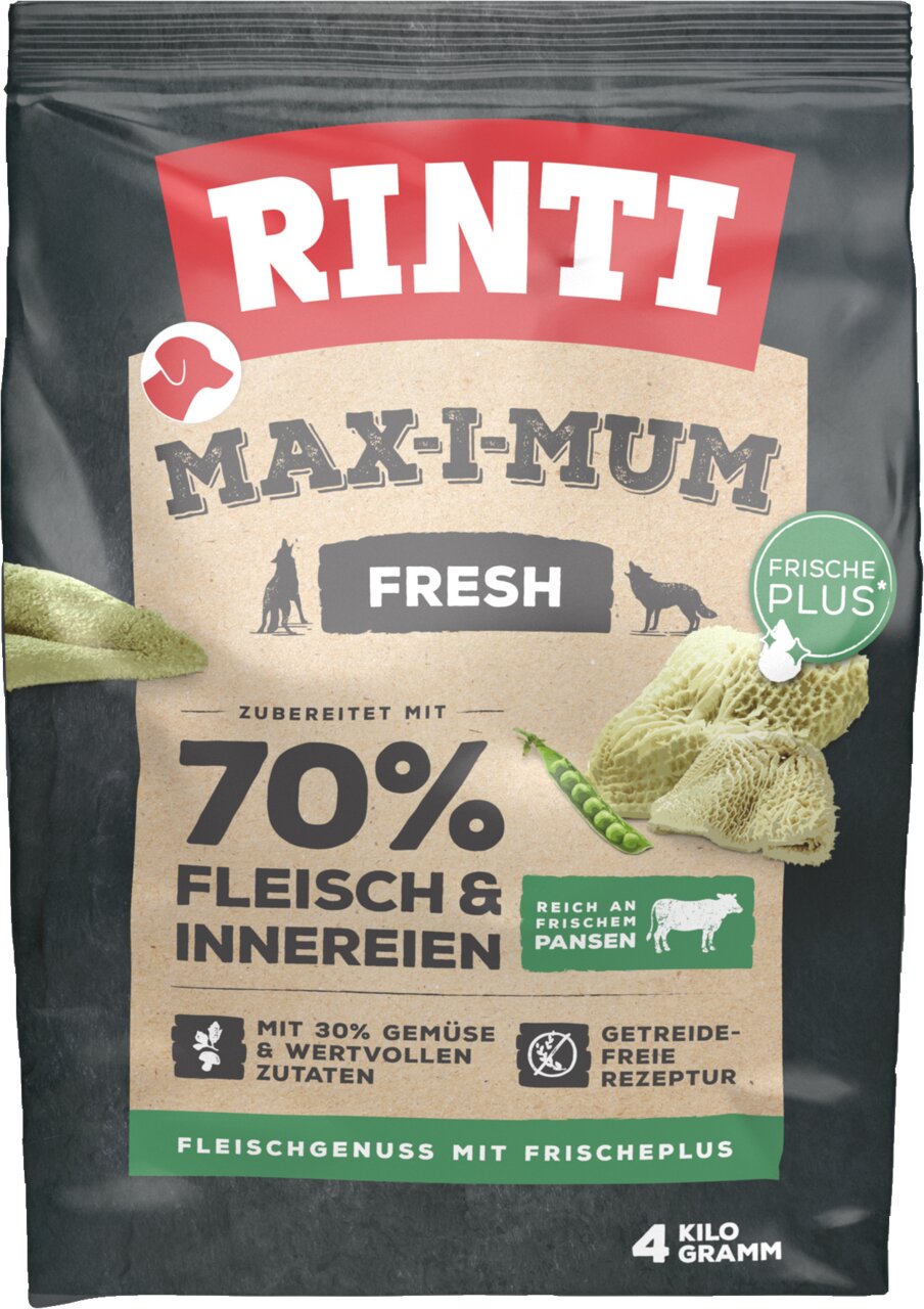 RINTI Max-i-Mum Fresh Hundefutter, für Hunde, Geschmack Pansen, getreidefrei, 70 % Fleisch, 4 kg, mit Gemüse und Frischeplus.