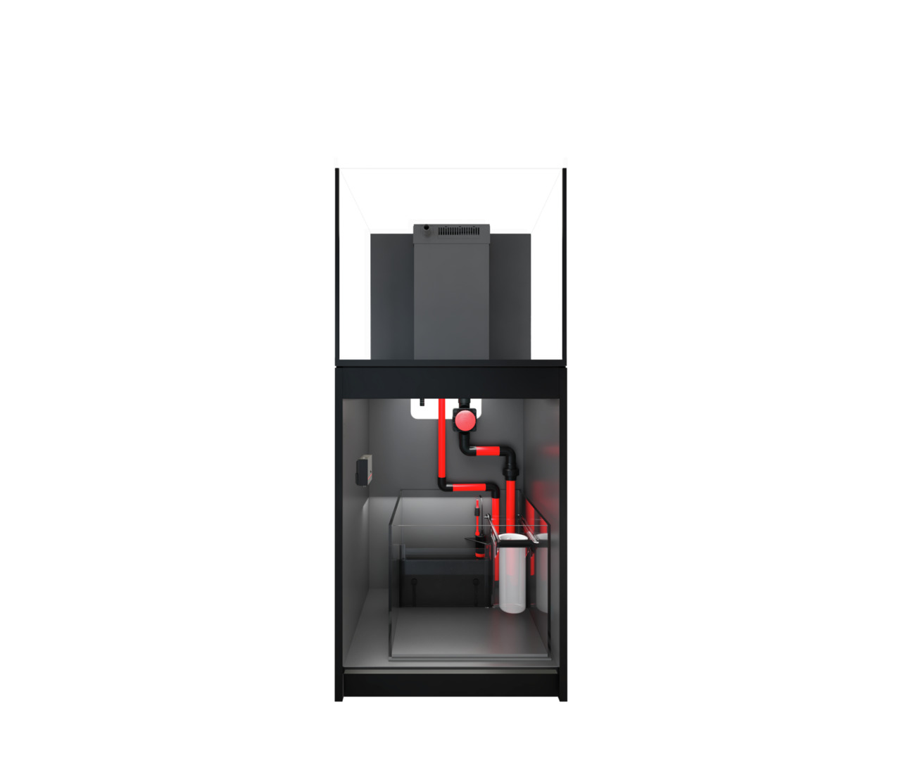 Das Bild zeigt das Red Sea Reefer Aquarium-System, ein hochwertiges Komplettsystem für Meerwasseraquarien. Es ist speziell für Aquaristik-Enthusiasten konzipiert und bietet eine integrierte Technik mit einem modernen Unterschrank. Sichtbar sind die roten 