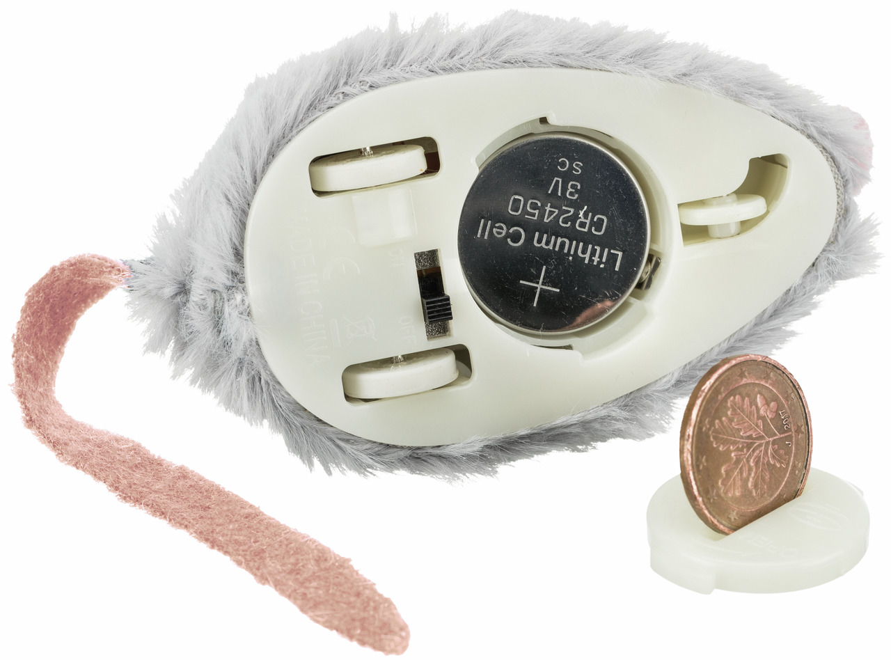 TRIXIE Spielzeug für Katzen: graue Plüschmaus mit rosa Schwanz, batteriebetrieben (CR2450, 3V), ideal für interaktives Spielen.