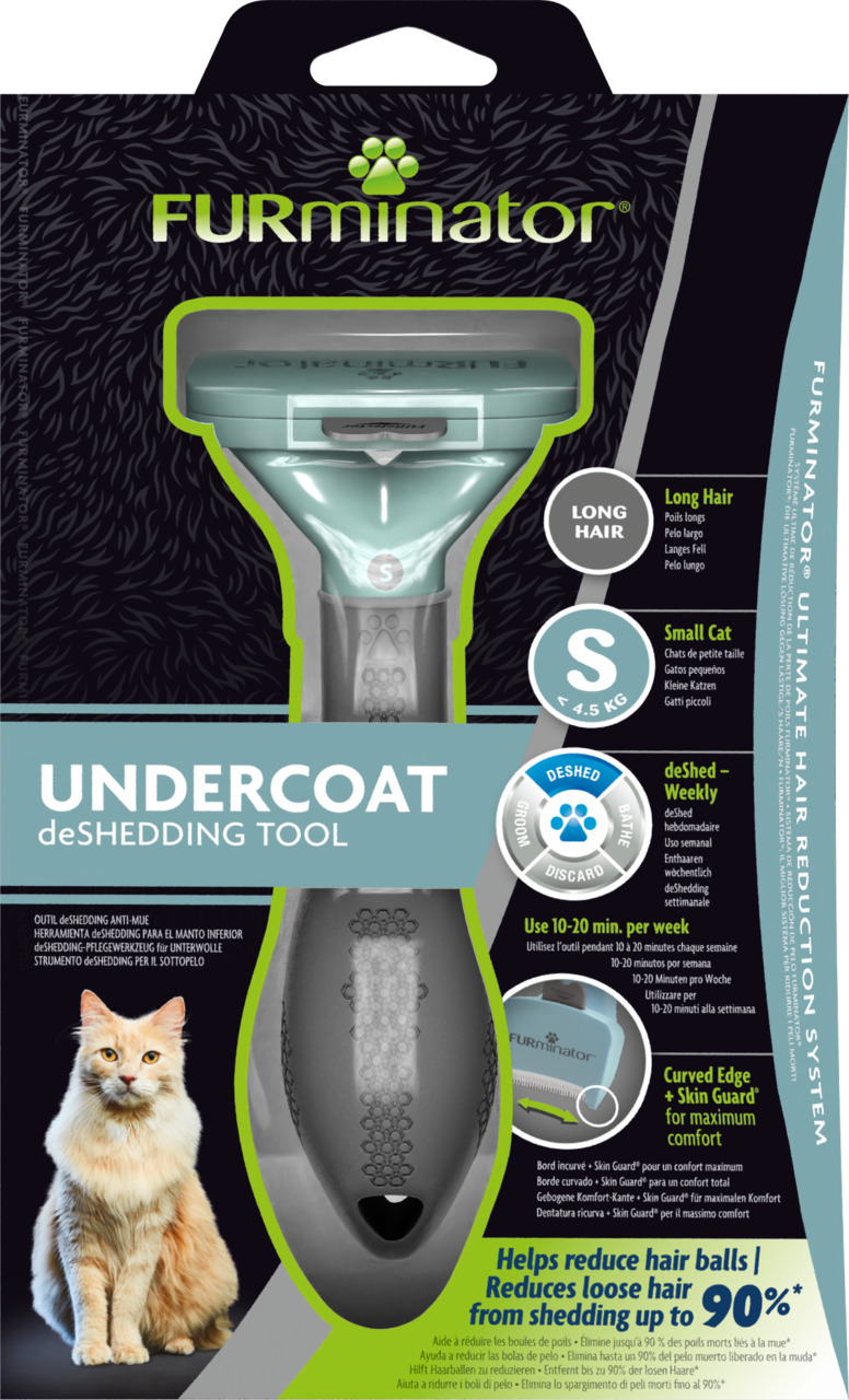Das Bild zeigt das Produkt "FURminator Undercoat deShedding Tool" für Katzen mit langem Fell. Es ist speziell für kleine Katzen bis 4,5 kg geeignet. Die Verpackung hebt hervor, dass das Tool lose Unterwolle um bis zu 90 % reduziert und Hautirritationen du